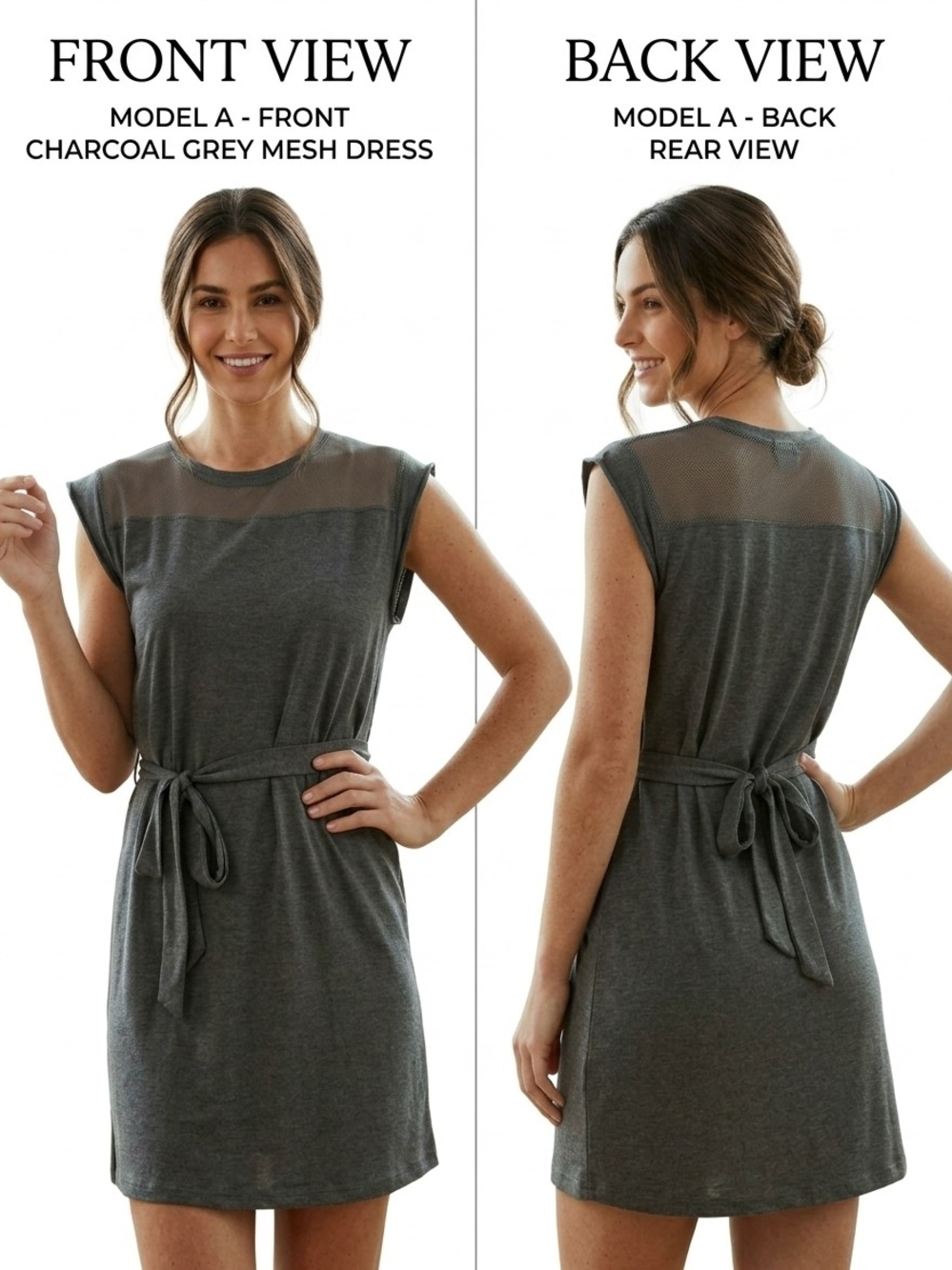 GREY STATE Charcoal Grey Mesh Waist-Tie Mini Dress